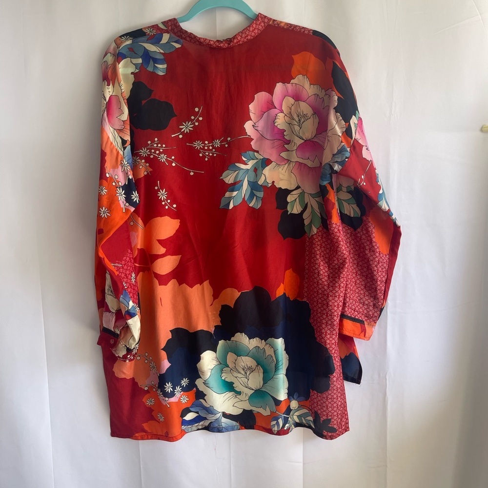 Johnny Was Floral Silk Button-Up Blouse in Red, Orange, Green, Pink - Picture 4 of 10